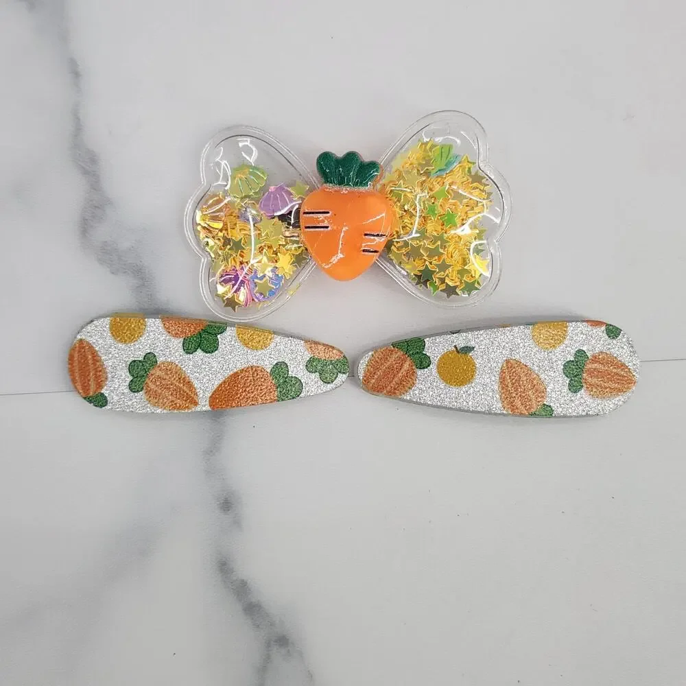 3 pc Carrot Theme Hair Accessories Glittery Bow with Carrot Charm & Snap Clips